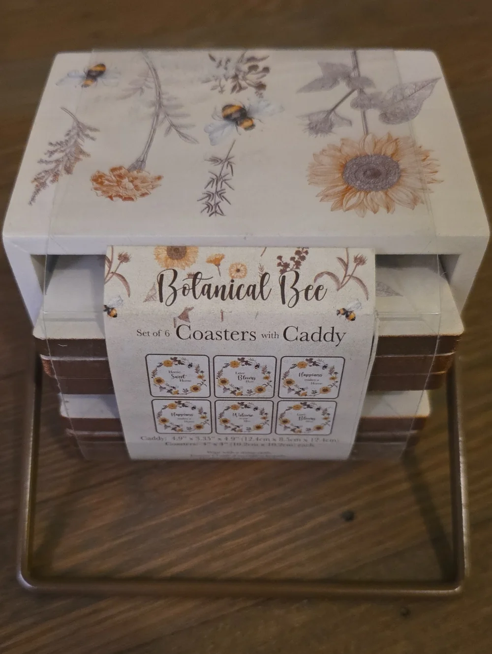 Botanical Bee Coaster Set Of 6 with Caddy - NEW